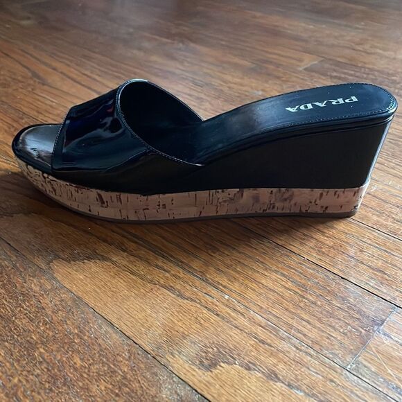 Prada Black Patent Leather and Cork Wedges - Picture 2 of 7